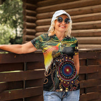 Papua New Guinea and Australia Together Women Polo Shirt Bird of Paradise and Kangaroo Melanesian Aboriginal Motifs - Polynesian Pride