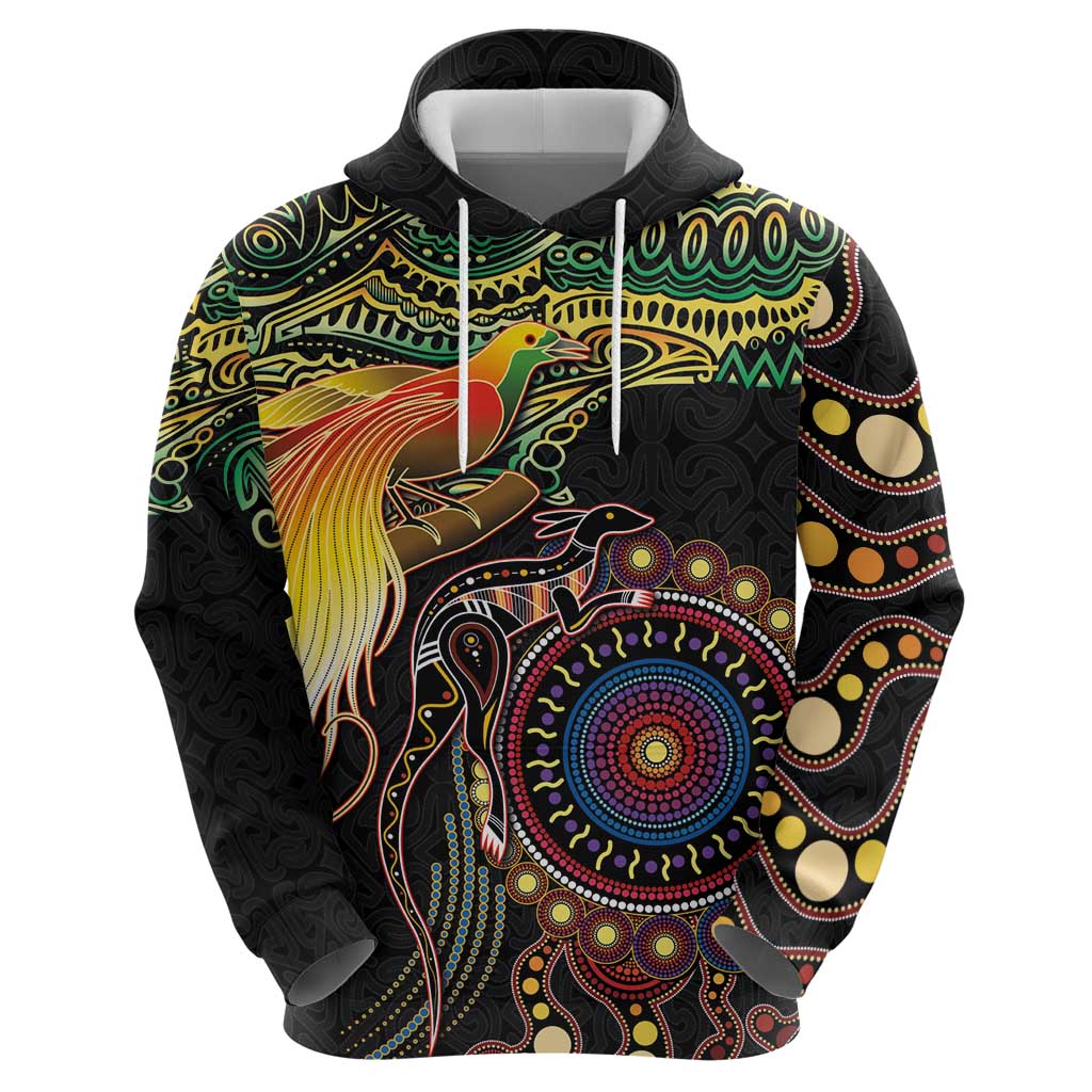 Papua New Guinea and Australia Together Zip Hoodie Bird of Paradise and Kangaroo Melanesian Aboriginal Motifs - Polynesian Pride