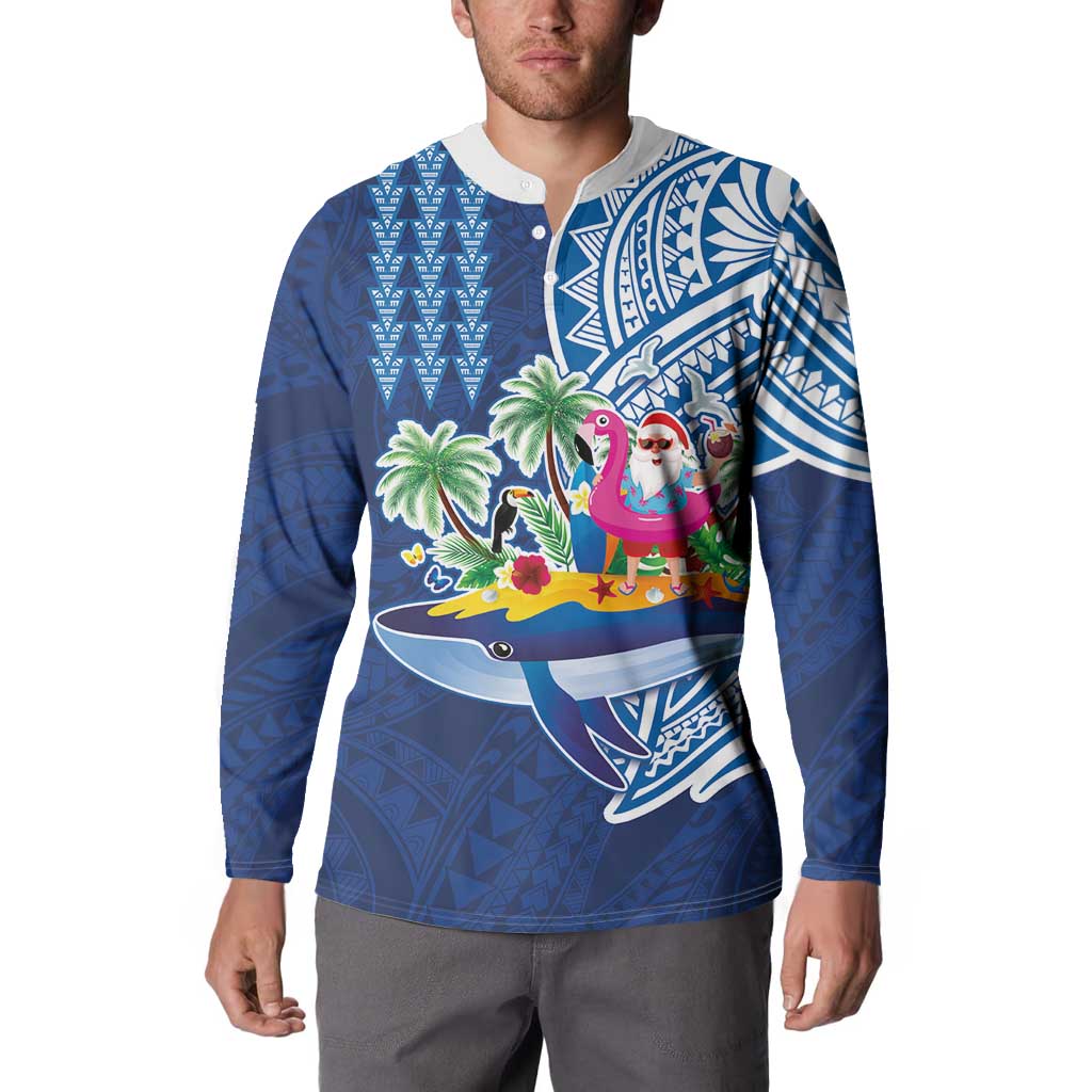 Hawaiian Mele Kalikimaka Button Sweatshirt Funny Santa on Whale Island with Kakau Tattoos - Polynesian Pride