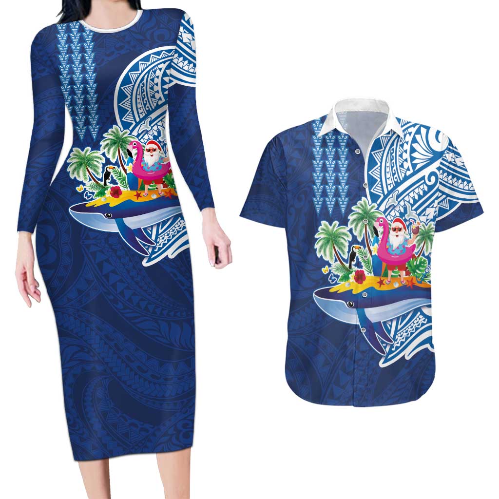 Hawaiian Mele Kalikimaka Couples Matching Long Sleeve Bodycon Dress and Hawaiian Shirt Funny Santa on Whale Island with Kakau Tattoos - Polynesian Pride