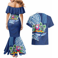 Hawaiian Mele Kalikimaka Couples Matching Mermaid Dress and Hawaiian Shirt Funny Santa on Whale Island with Kakau Tattoos - Polynesian Pride