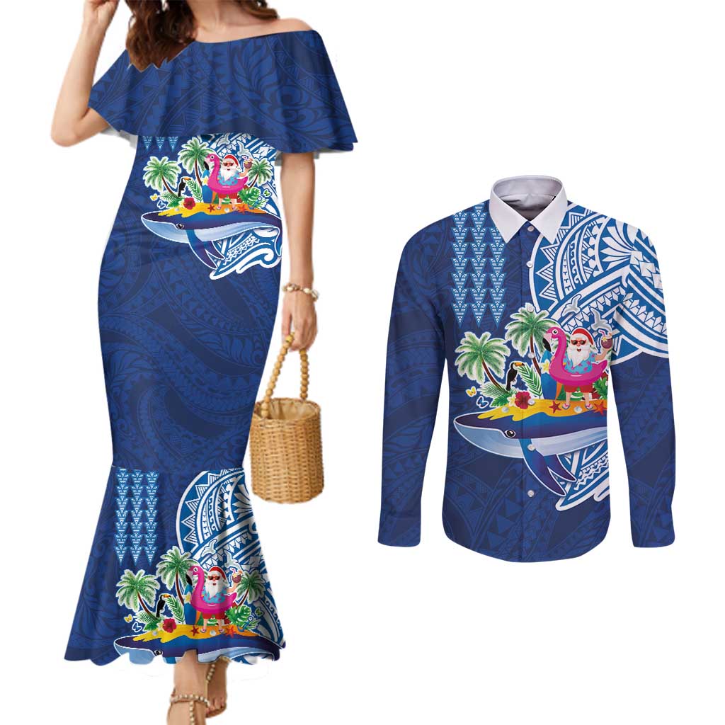 Hawaiian Mele Kalikimaka Couples Matching Mermaid Dress and Long Sleeve Button Shirt Funny Santa on Whale Island with Kakau Tattoos - Polynesian Pride
