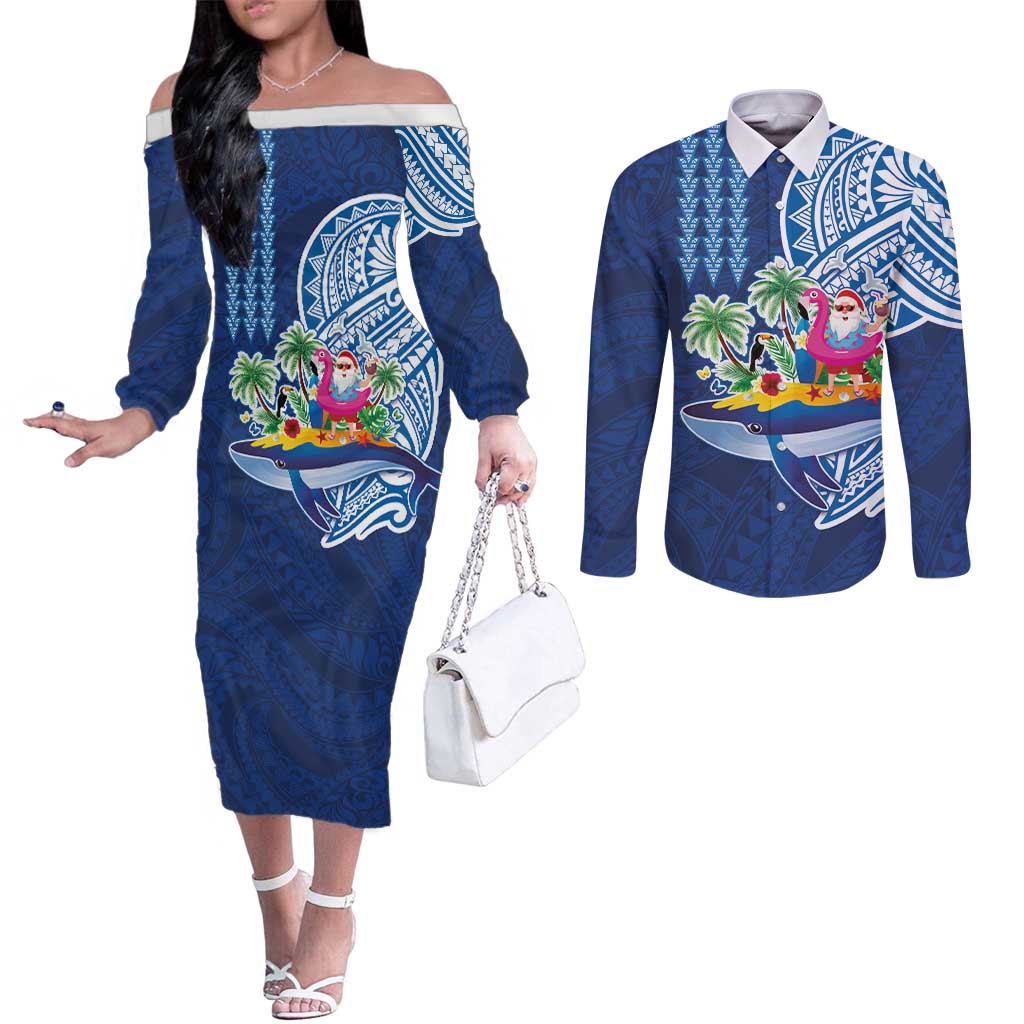 Hawaiian Mele Kalikimaka Couples Matching Off The Shoulder Long Sleeve Dress and Long Sleeve Button Shirt Funny Santa on Whale Island with Kakau Tattoos - Polynesian Pride