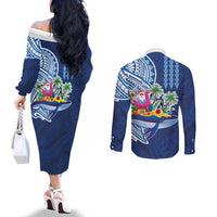 Hawaiian Mele Kalikimaka Couples Matching Off The Shoulder Long Sleeve Dress and Long Sleeve Button Shirt Funny Santa on Whale Island with Kakau Tattoos - Polynesian Pride