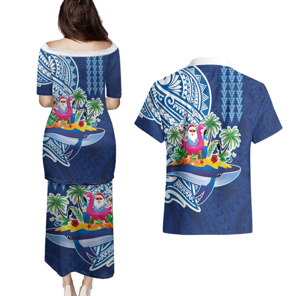 Hawaiian Mele Kalikimaka Couples Matching Puletasi and Hawaiian Shirt Funny Santa on Whale Island with Kakau Tattoos - Polynesian Pride