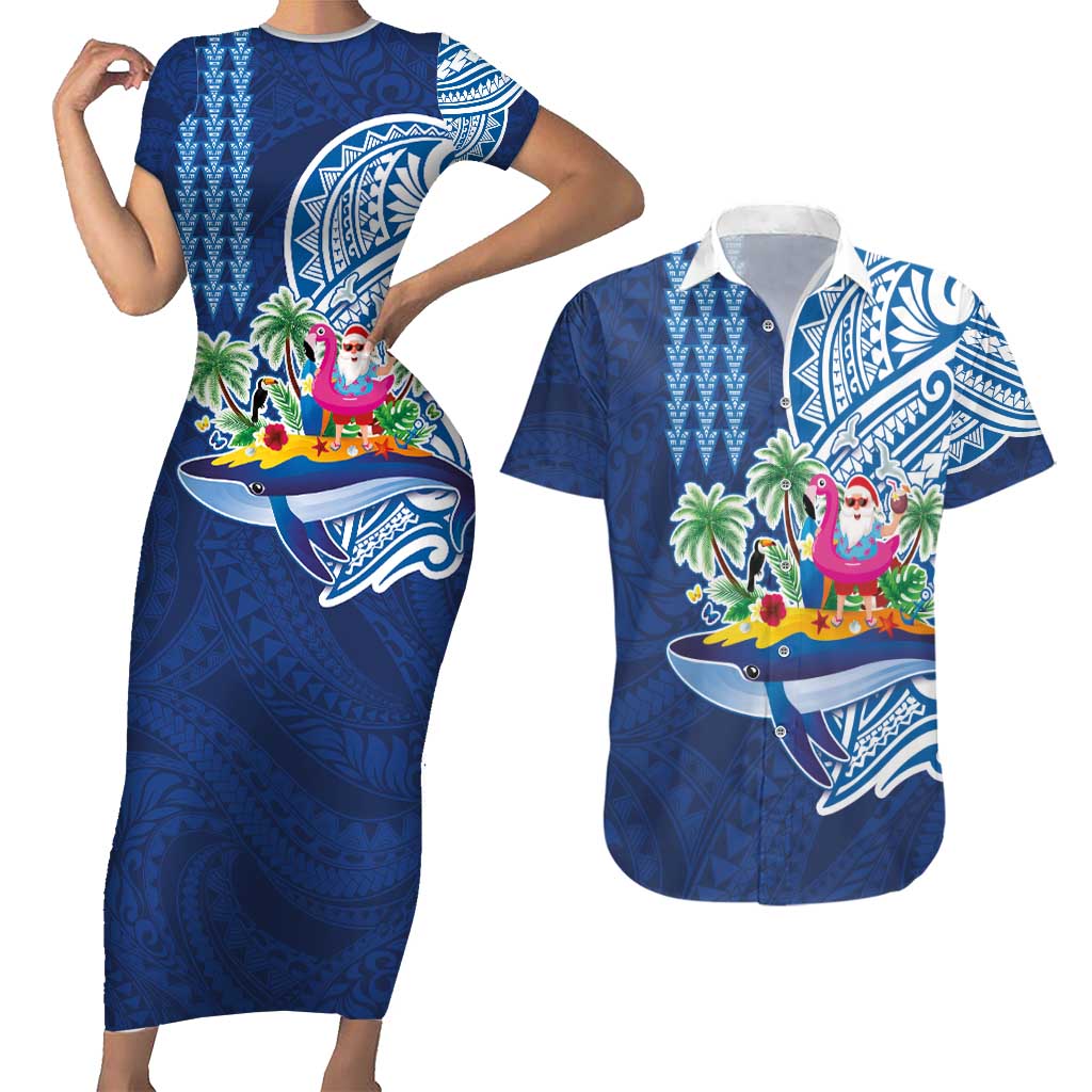 Hawaiian Mele Kalikimaka Couples Matching Short Sleeve Bodycon Dress and Hawaiian Shirt Funny Santa on Whale Island with Kakau Tattoos - Polynesian Pride