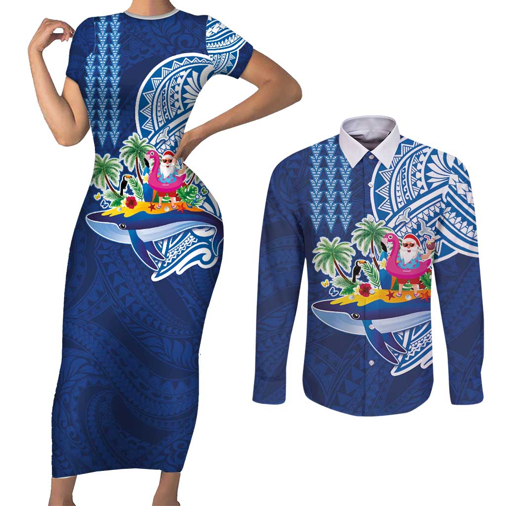 Hawaiian Mele Kalikimaka Couples Matching Short Sleeve Bodycon Dress and Long Sleeve Button Shirt Funny Santa on Whale Island with Kakau Tattoos - Polynesian Pride