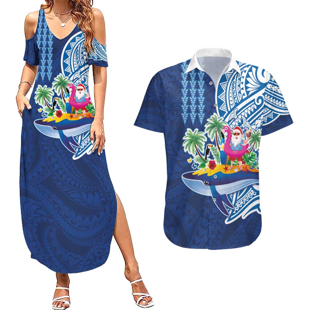 Hawaiian Mele Kalikimaka Couples Matching Summer Maxi Dress and Hawaiian Shirt Funny Santa on Whale Island with Kakau Tattoos - Polynesian Pride