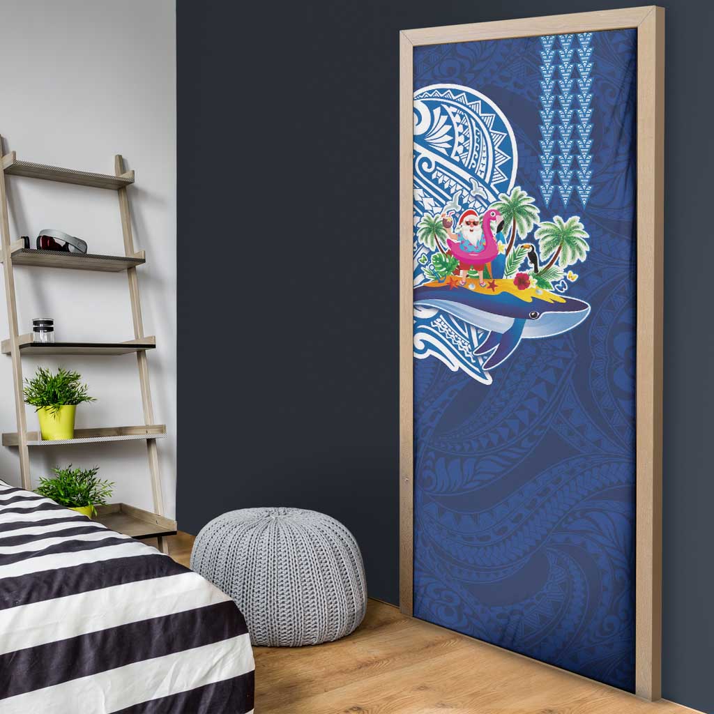 Hawaiian Mele Kalikimaka Door Cover Funny Santa on Whale Island with Kakau Tattoos - Polynesian Pride