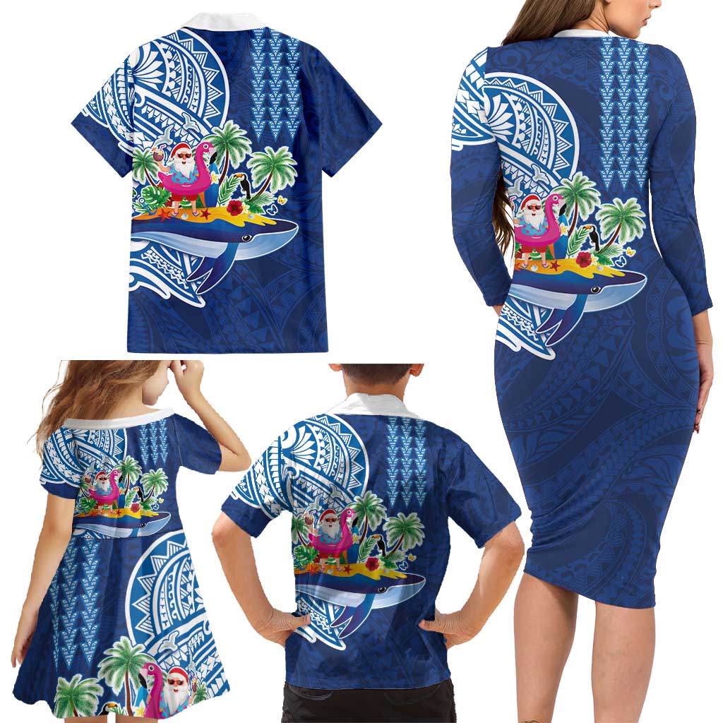 Hawaiian Mele Kalikimaka Family Matching Long Sleeve Bodycon Dress and Hawaiian Shirt Funny Santa on Whale Island with Kakau Tattoos - Polynesian Pride