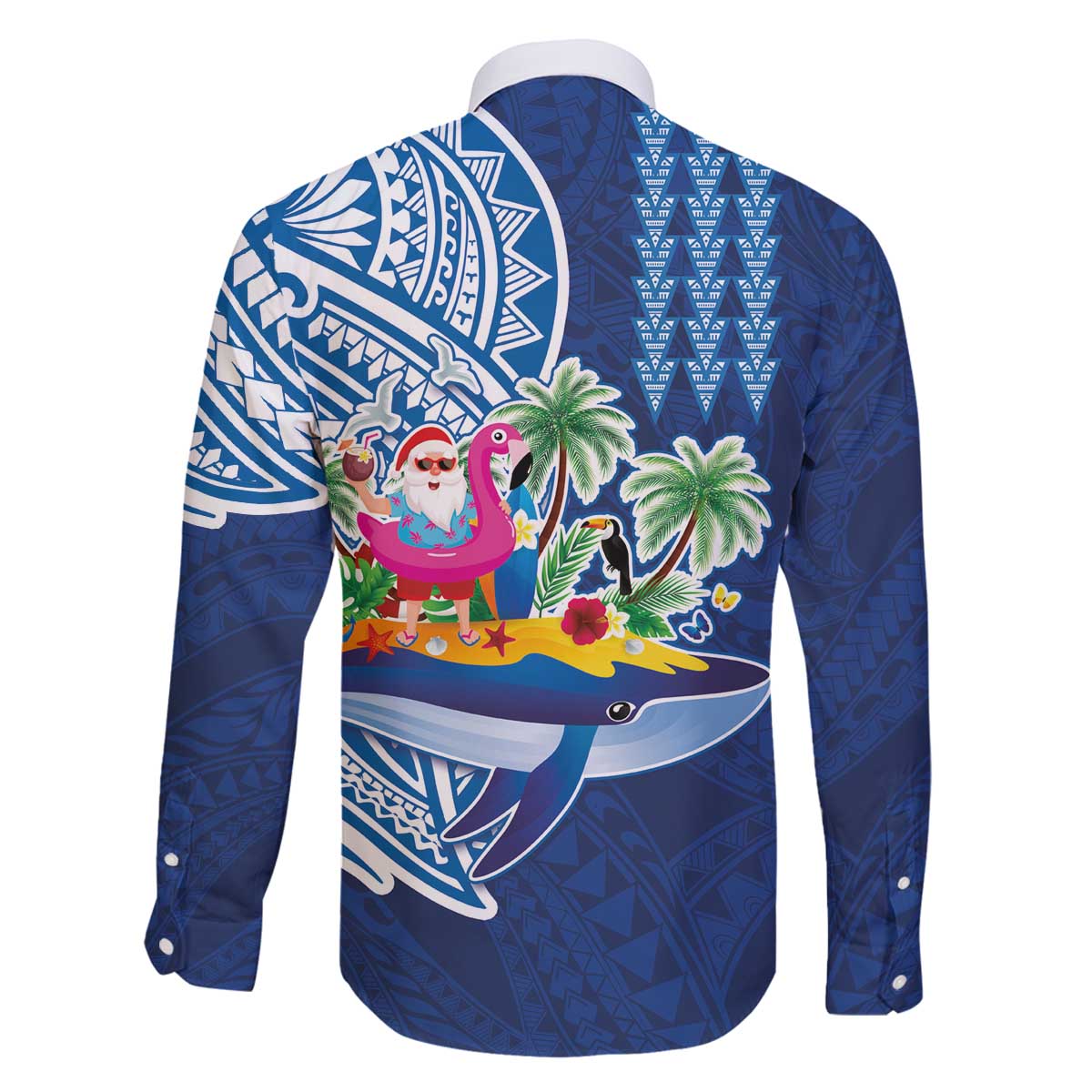 Hawaiian Mele Kalikimaka Family Matching Off The Shoulder Long Sleeve Dress and Hawaiian Shirt Funny Santa on Whale Island with Kakau Tattoos - Polynesian Pride