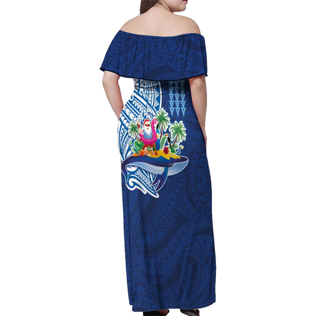 Hawaiian Mele Kalikimaka Family Matching Off Shoulder Maxi Dress and Hawaiian Shirt Funny Santa on Whale Island with Kakau Tattoos - Polynesian Pride
