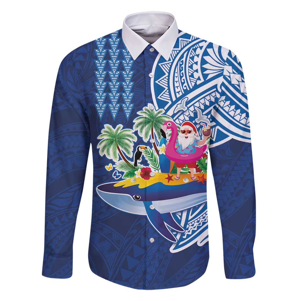 Hawaiian Mele Kalikimaka Family Matching Off Shoulder Short Dress and Hawaiian Shirt Funny Santa on Whale Island with Kakau Tattoos - Polynesian Pride