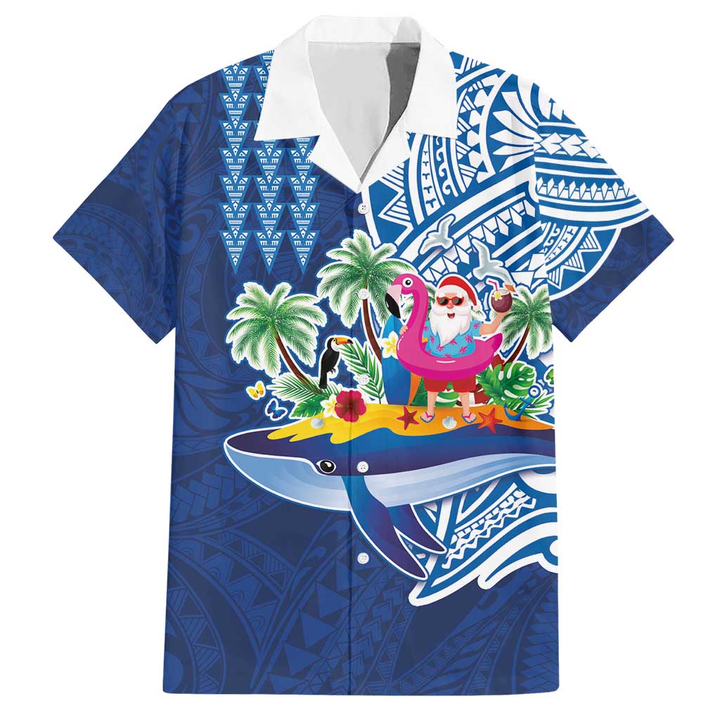 Hawaiian Mele Kalikimaka Family Matching Short Sleeve Bodycon Dress and Hawaiian Shirt Funny Santa on Whale Island with Kakau Tattoos - Polynesian Pride