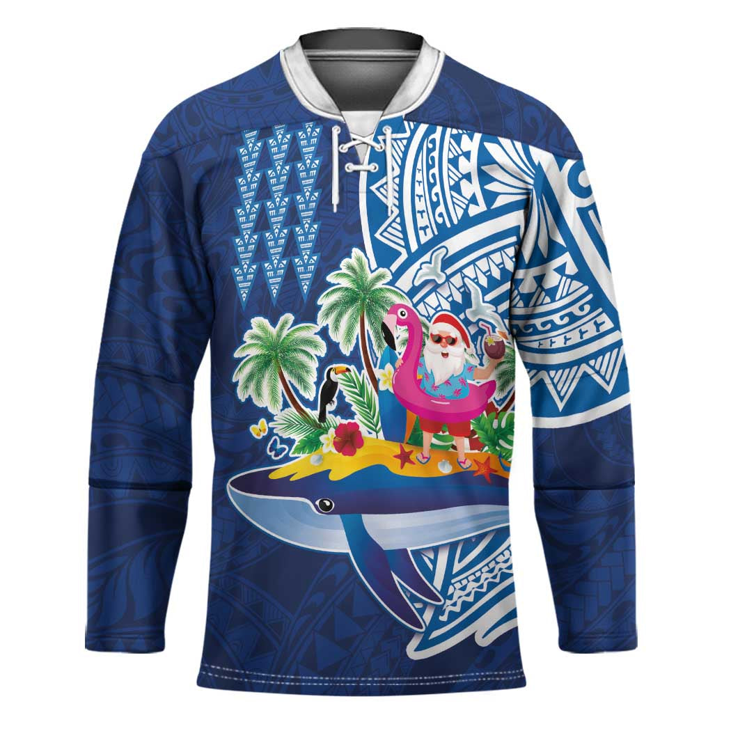Hawaiian Mele Kalikimaka Hockey Jersey Funny Santa on Whale Island with Kakau Tattoos - Polynesian Pride