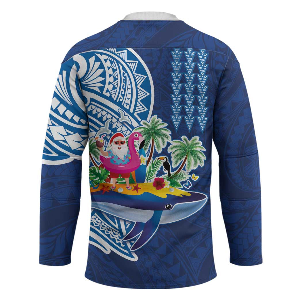 Hawaiian Mele Kalikimaka Hockey Jersey Funny Santa on Whale Island with Kakau Tattoos - Polynesian Pride