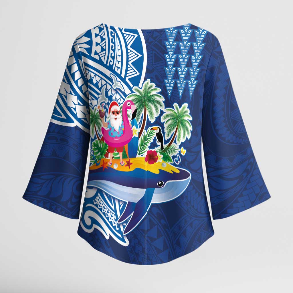 Hawaiian Mele Kalikimaka Kimono Sleeve Blouse Funny Santa on Whale Island with Kakau Tattoos - Polynesian Pride
