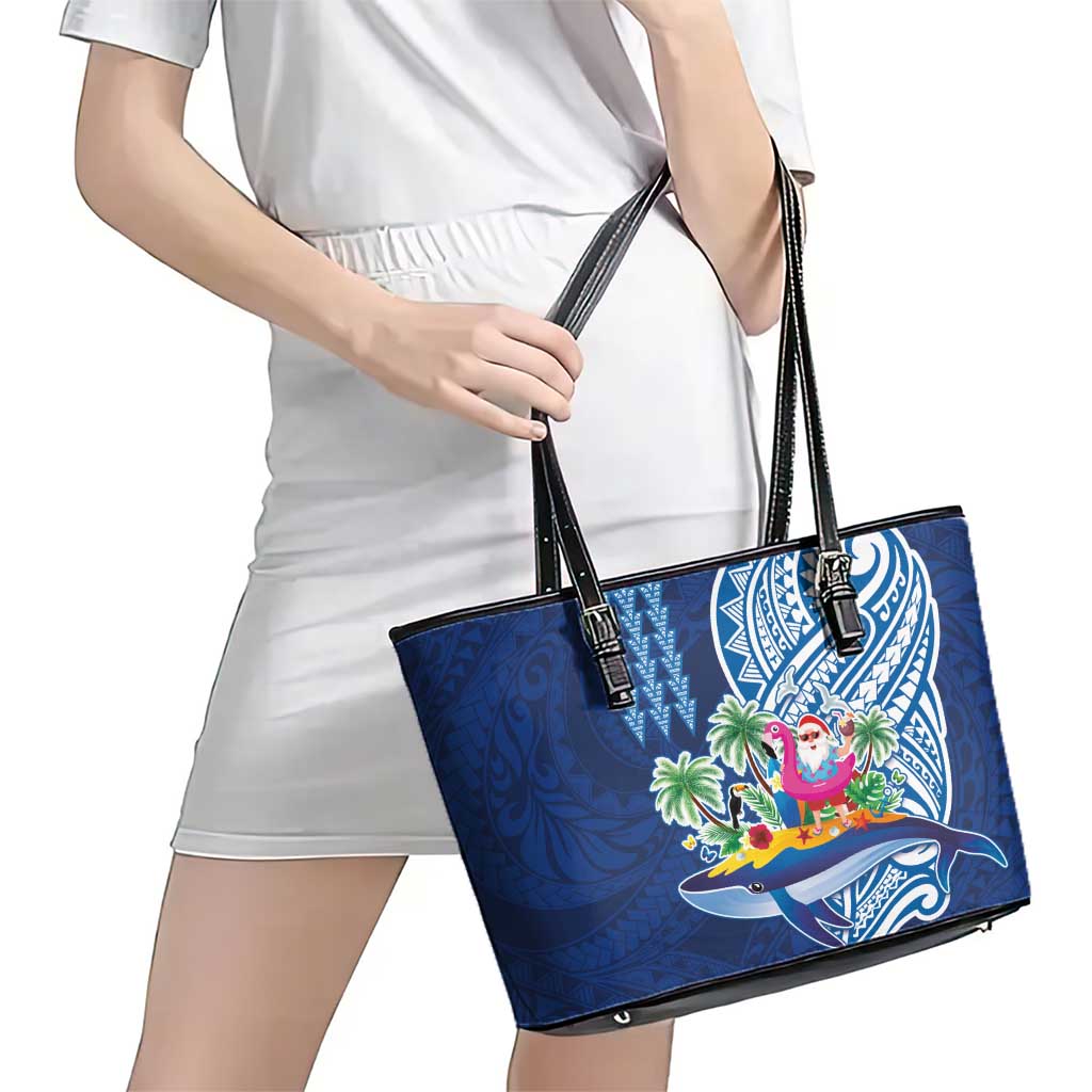 Hawaiian Mele Kalikimaka Leather Tote Bag Funny Santa on Whale Island with Kakau Tattoos - Polynesian Pride