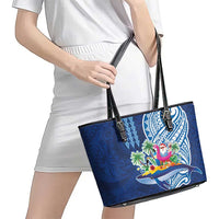 Hawaiian Mele Kalikimaka Leather Tote Bag Funny Santa on Whale Island with Kakau Tattoos - Polynesian Pride