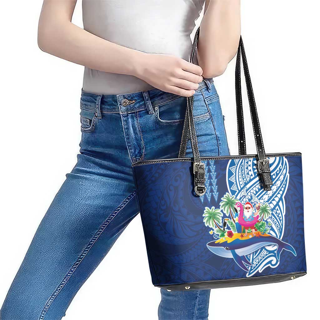 Hawaiian Mele Kalikimaka Leather Tote Bag Funny Santa on Whale Island with Kakau Tattoos - Polynesian Pride