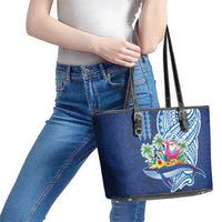 Hawaiian Mele Kalikimaka Leather Tote Bag Funny Santa on Whale Island with Kakau Tattoos - Polynesian Pride