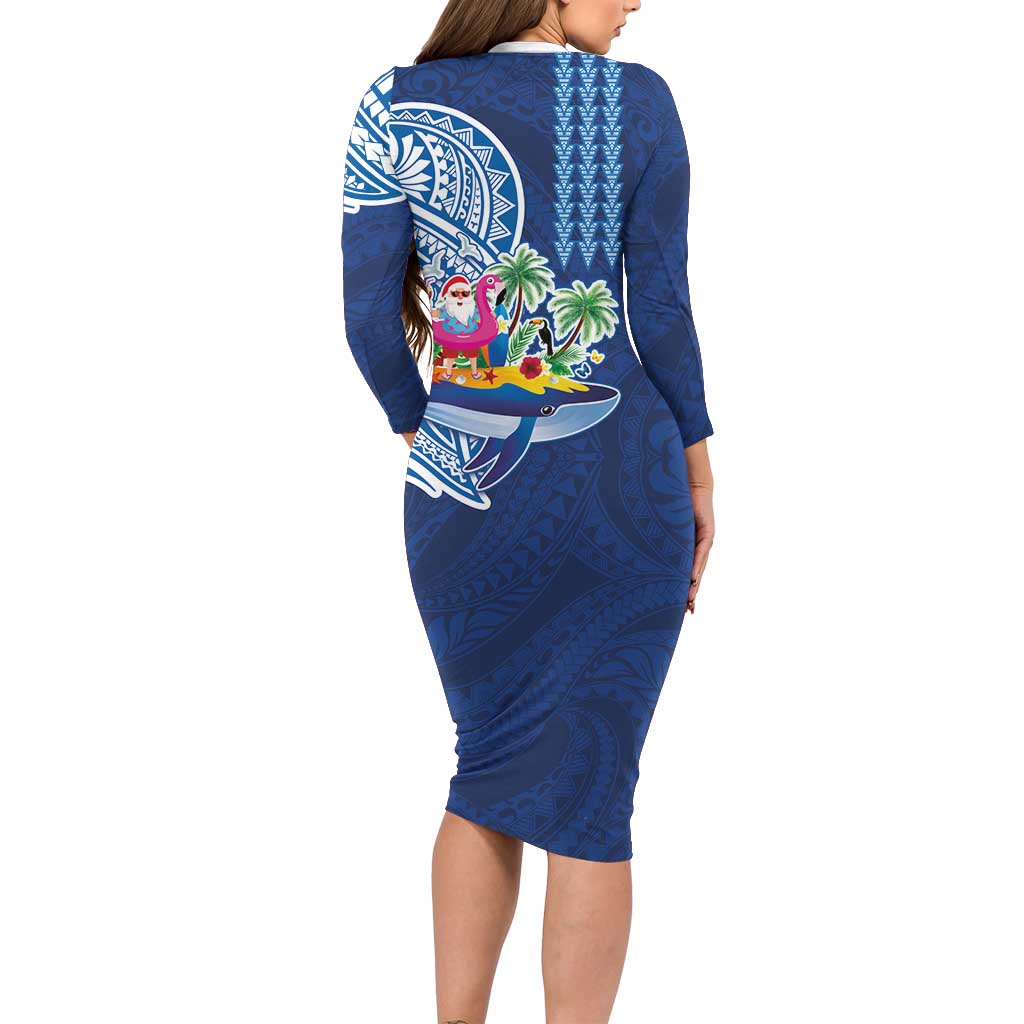 Hawaiian Mele Kalikimaka Long Sleeve Bodycon Dress Funny Santa on Whale Island with Kakau Tattoos - Polynesian Pride