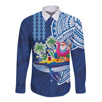 Hawaiian Mele Kalikimaka Long Sleeve Button Shirt Funny Santa on Whale Island with Kakau Tattoos - Polynesian Pride