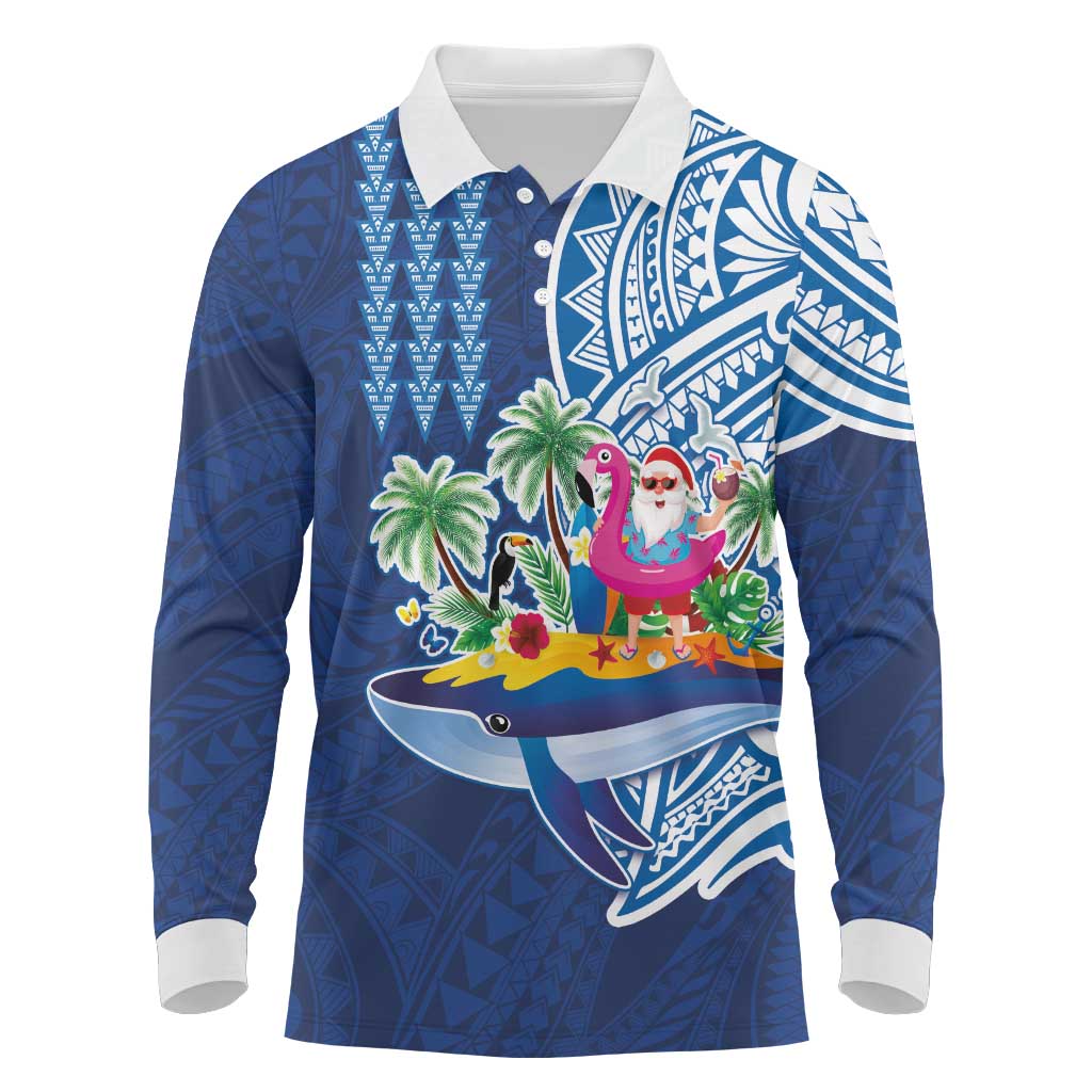 Hawaiian Mele Kalikimaka Long Sleeve Polo Shirt Funny Santa on Whale Island with Kakau Tattoos - Polynesian Pride