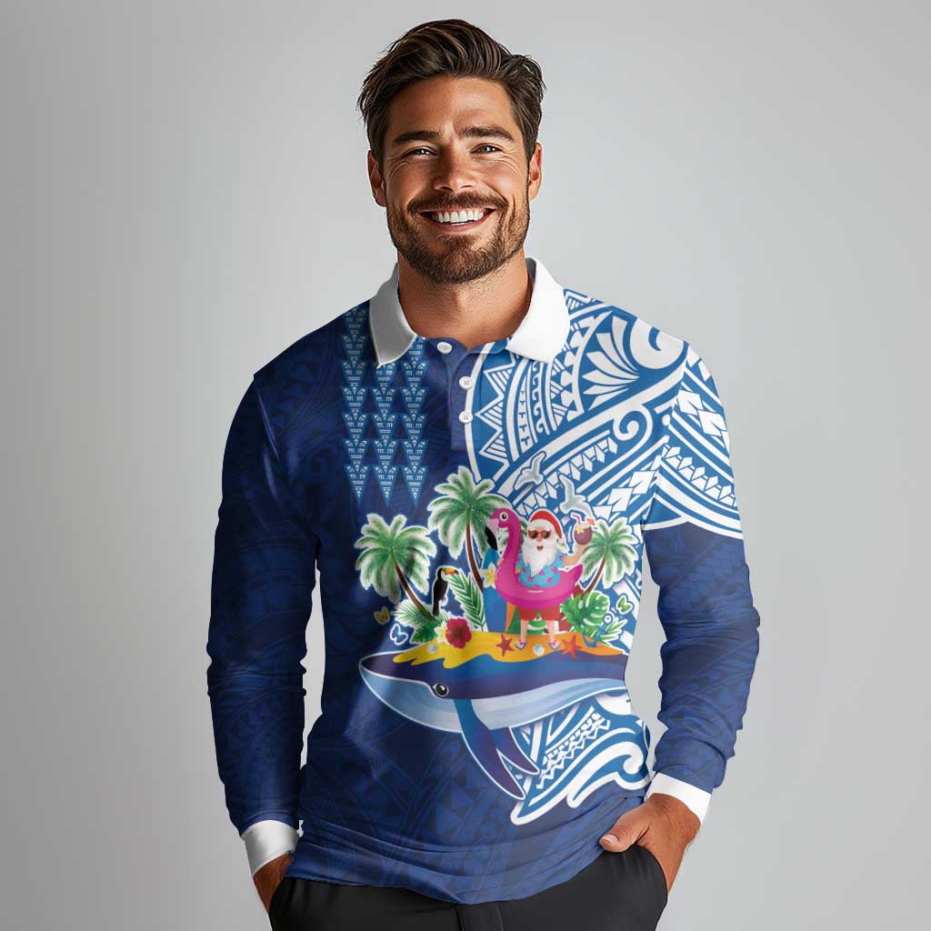 Hawaiian Mele Kalikimaka Long Sleeve Polo Shirt Funny Santa on Whale Island with Kakau Tattoos - Polynesian Pride