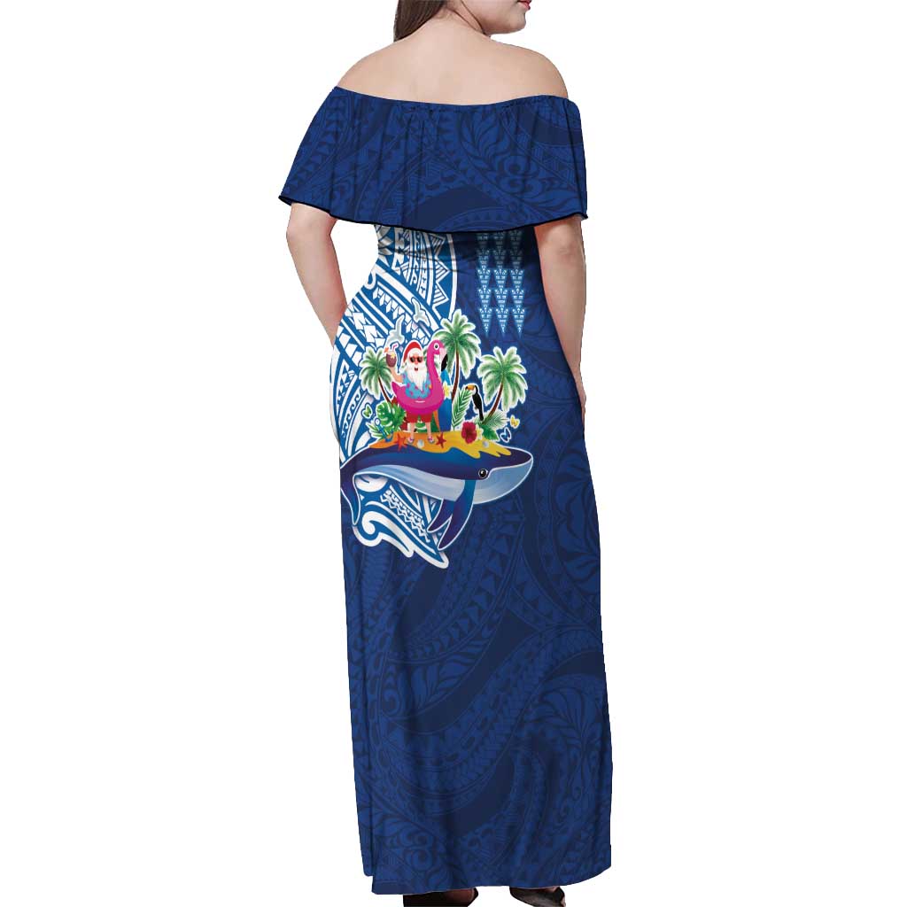 Hawaiian Mele Kalikimaka Off Shoulder Maxi Dress Funny Santa on Whale Island with Kakau Tattoos - Polynesian Pride