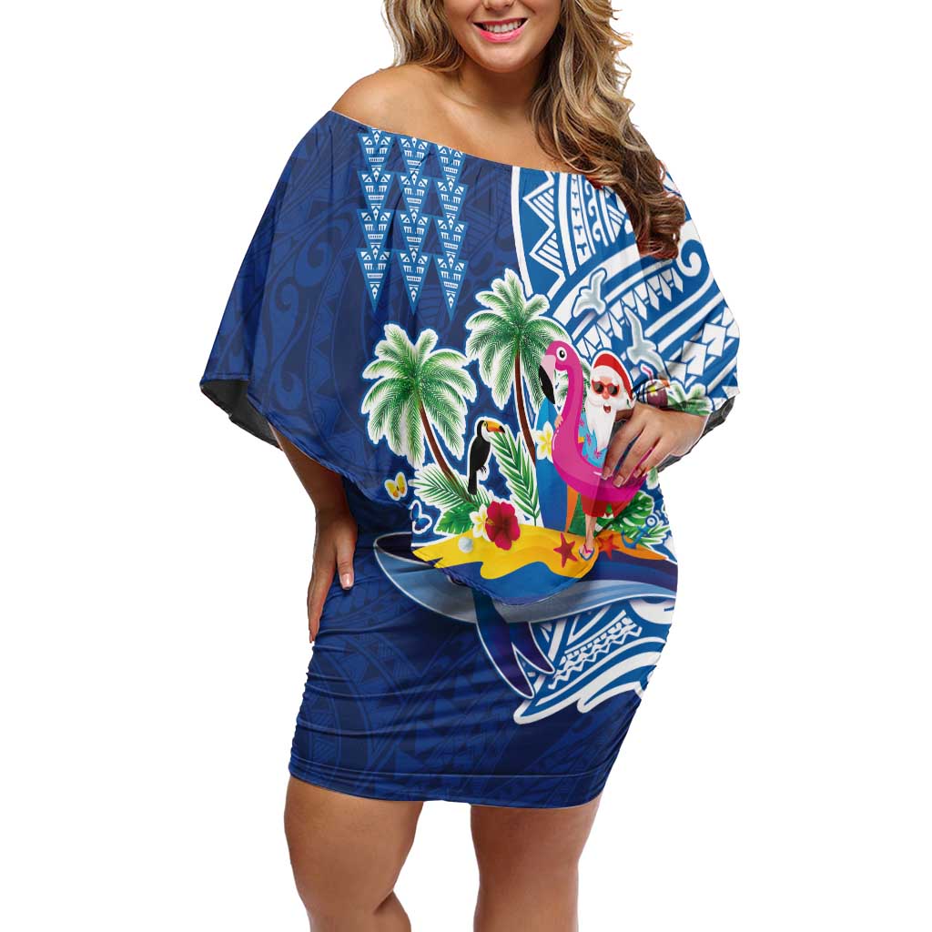 Hawaiian Mele Kalikimaka Off Shoulder Short Dress Funny Santa on Whale Island with Kakau Tattoos - Polynesian Pride