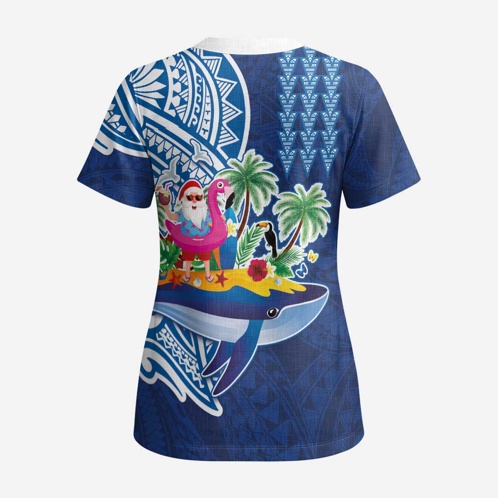 Hawaiian Mele Kalikimaka Scrub Top Funny Santa on Whale Island with Kakau Tattoos - Polynesian Pride