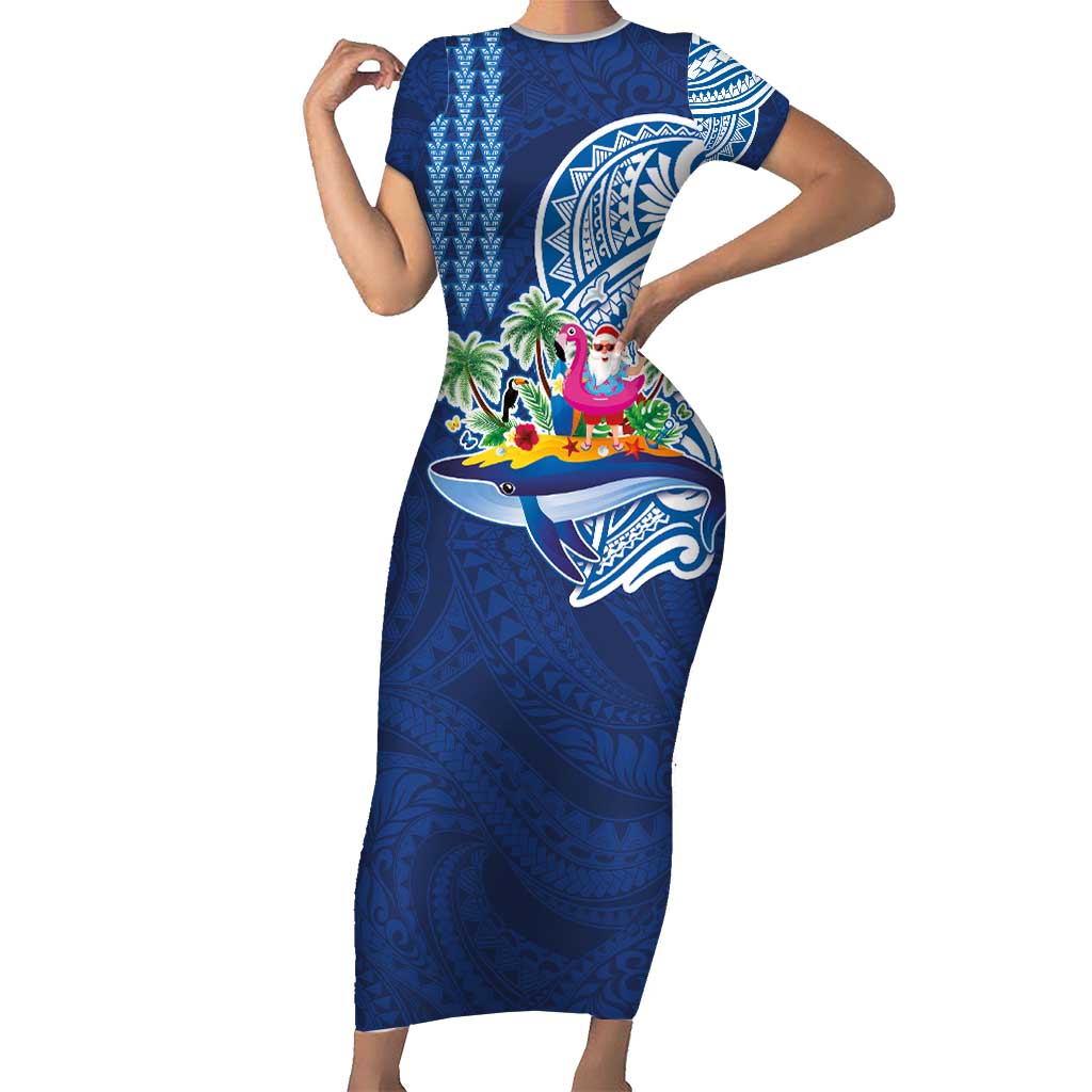 Hawaiian Mele Kalikimaka Short Sleeve Bodycon Dress Funny Santa on Whale Island with Kakau Tattoos - Polynesian Pride