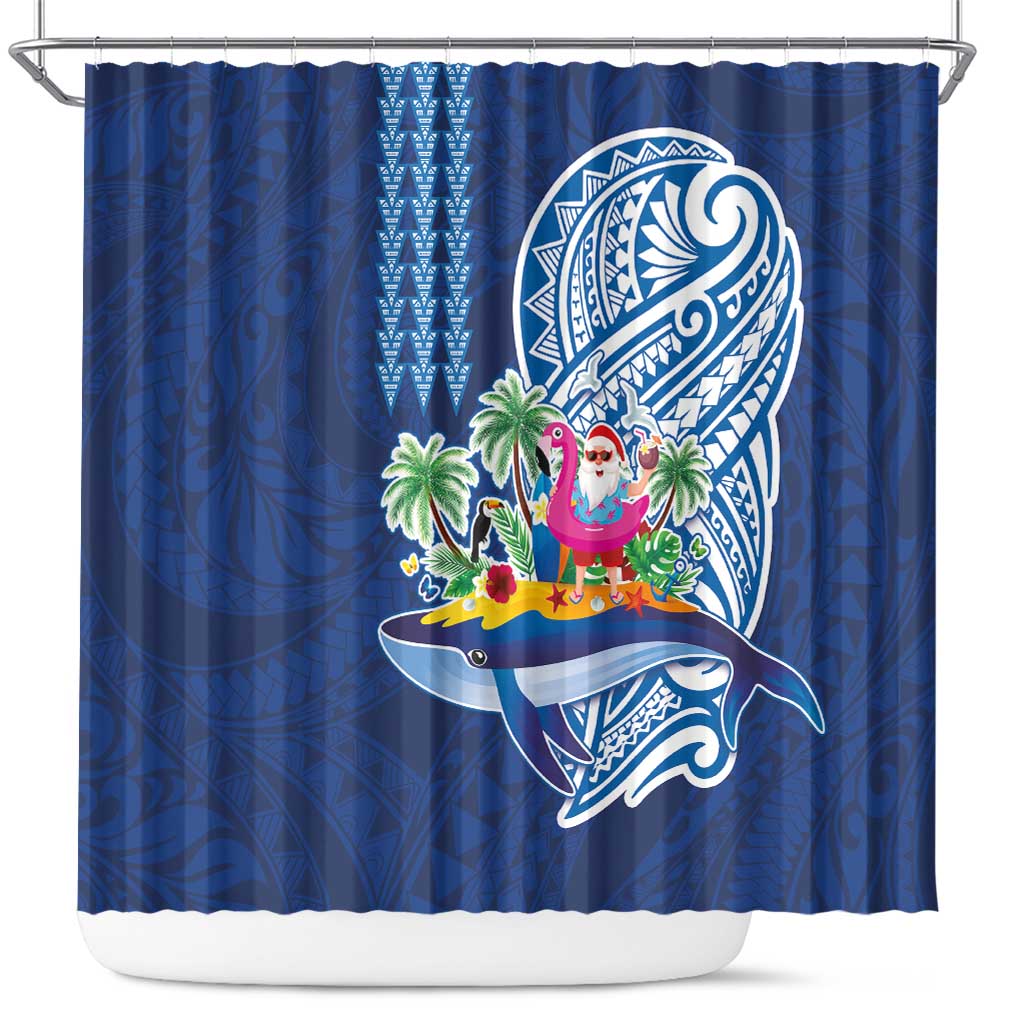 Hawaiian Mele Kalikimaka Shower Curtain Funny Santa on Whale Island with Kakau Tattoos - Polynesian Pride
