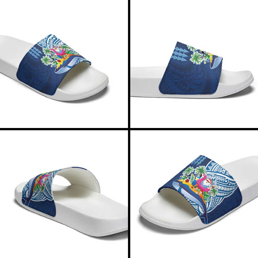 Hawaiian Mele Kalikimaka Slide Sandals Funny Santa on Whale Island with Kakau Tattoos - Polynesian Pride