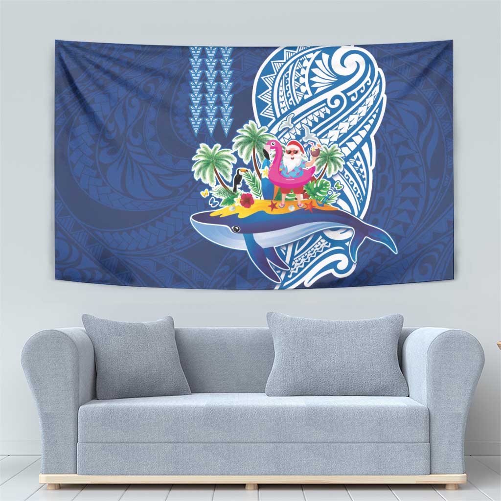 Hawaiian Mele Kalikimaka Tapestry Funny Santa on Whale Island with Kakau Tattoos - Polynesian Pride