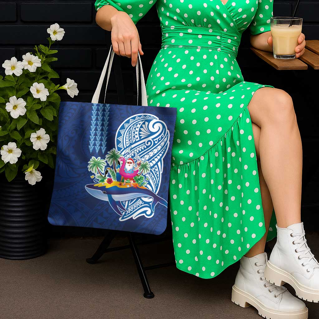 Hawaiian Mele Kalikimaka Tote Bag Funny Santa on Whale Island with Kakau Tattoos - Polynesian Pride