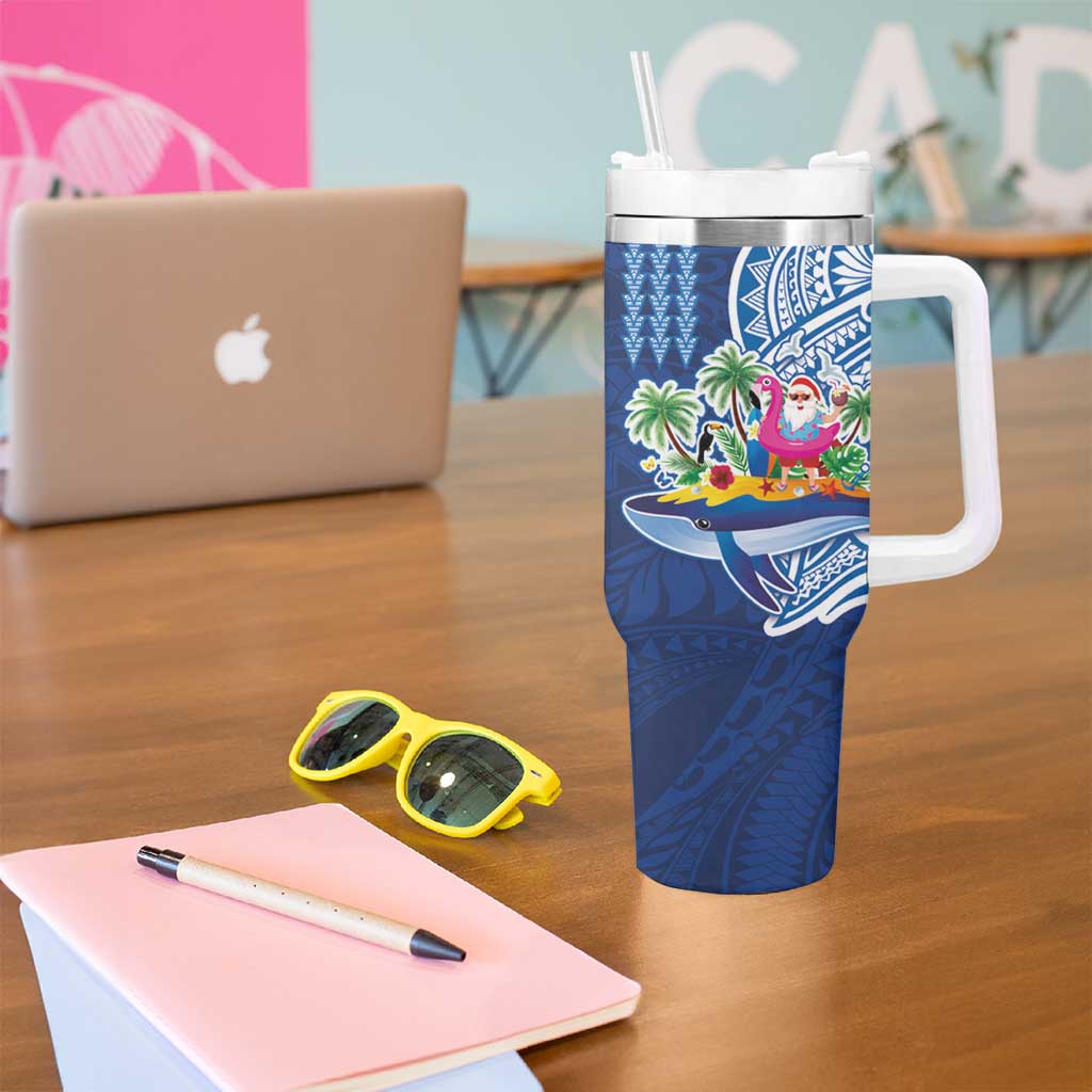 Hawaiian Mele Kalikimaka Tumbler With Handle Funny Santa on Whale Island with Kakau Tattoos - Polynesian Pride