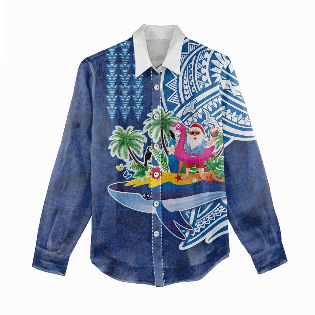 Hawaiian Mele Kalikimaka Women Casual Shirt Funny Santa on Whale Island with Kakau Tattoos - Polynesian Pride