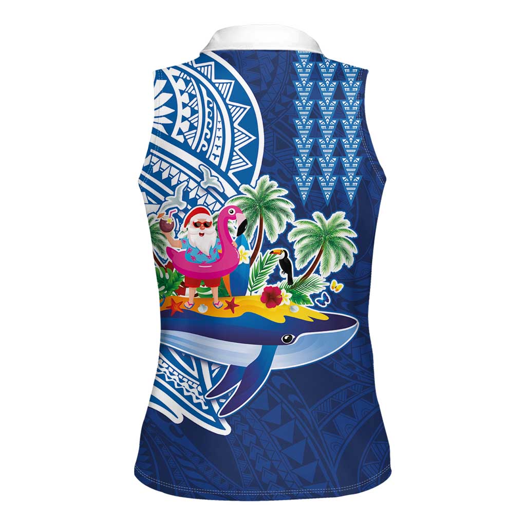 Hawaiian Mele Kalikimaka Women Sleeveless Polo Shirt Funny Santa on Whale Island with Kakau Tattoos - Polynesian Pride