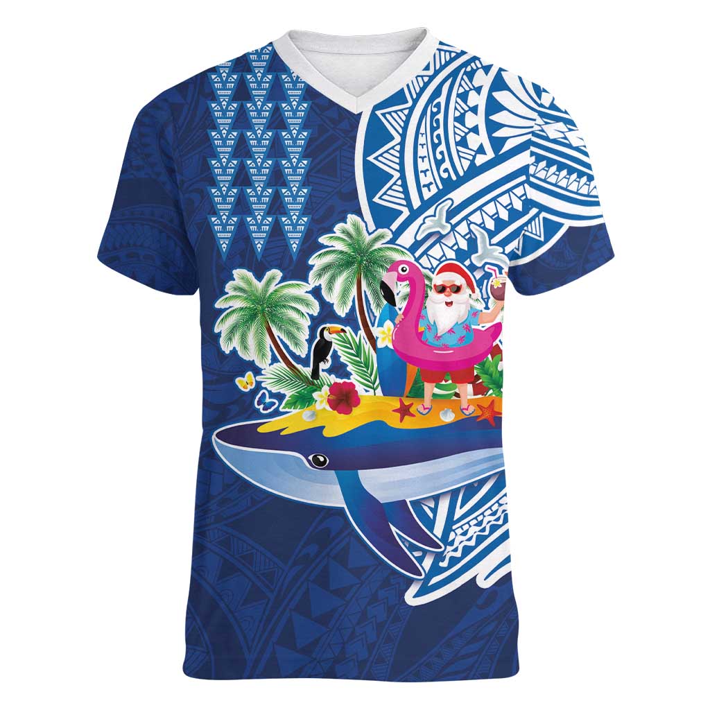 Hawaiian Mele Kalikimaka Women V-Neck T-Shirt Funny Santa on Whale Island with Kakau Tattoos - Polynesian Pride
