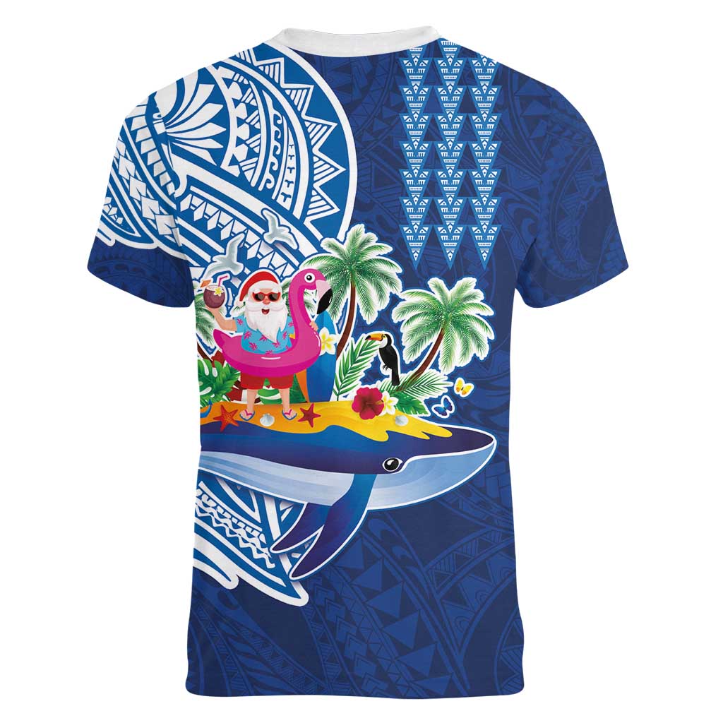 Hawaiian Mele Kalikimaka Women V-Neck T-Shirt Funny Santa on Whale Island with Kakau Tattoos - Polynesian Pride