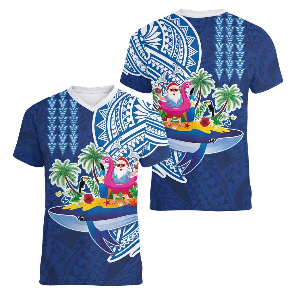 Hawaiian Mele Kalikimaka Women V-Neck T-Shirt Funny Santa on Whale Island with Kakau Tattoos - Polynesian Pride