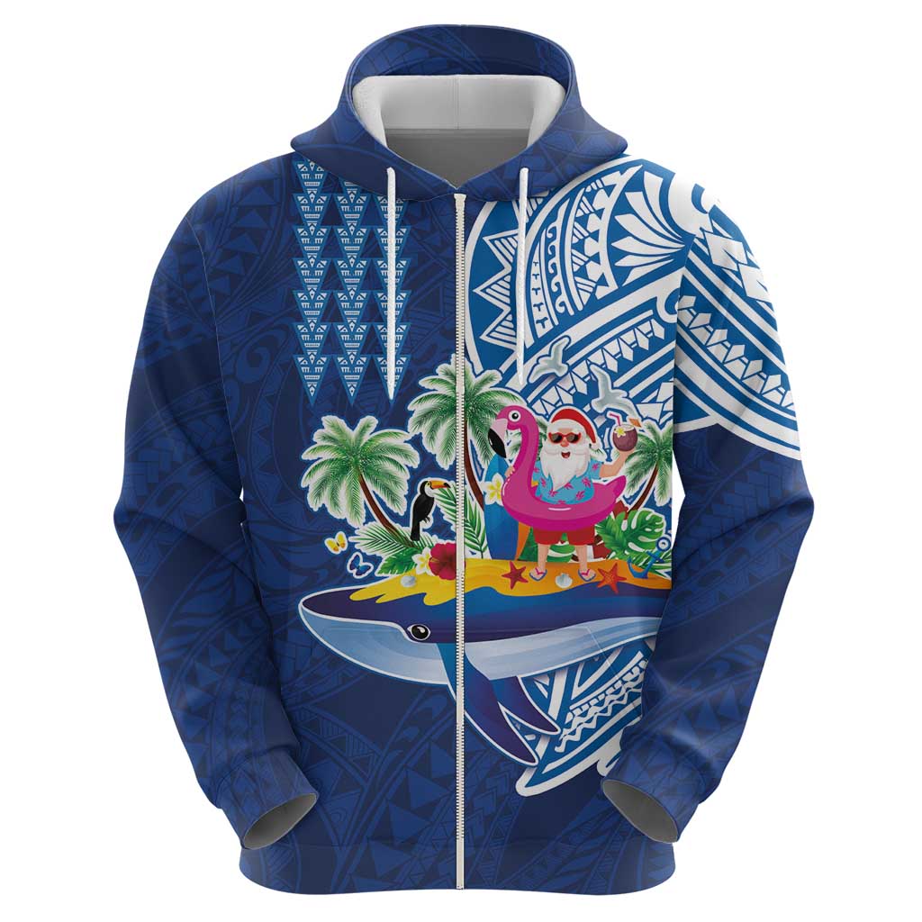 Hawaiian Mele Kalikimaka Zip Hoodie Funny Santa on Whale Island with Kakau Tattoos - Polynesian Pride