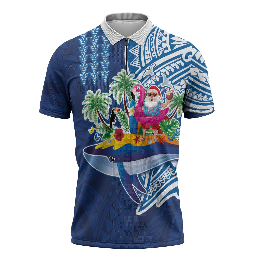 Hawaiian Mele Kalikimaka Zipper Polo Shirt Funny Santa on Whale Island with Kakau Tattoos - Polynesian Pride