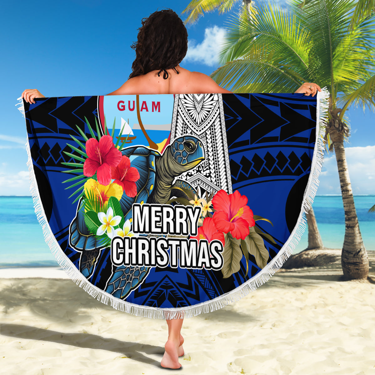 Guam Christmas Beach Blanket Santa Gift Latte Stone and Sea Turle Mix Hibiscus Chamorro Blue Style LT03