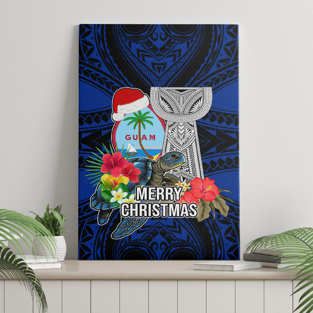 Guam Christmas Canvas Wall Art Santa Gift Latte Stone and Sea Turle Mix Hibiscus Chamorro Blue Style LT03