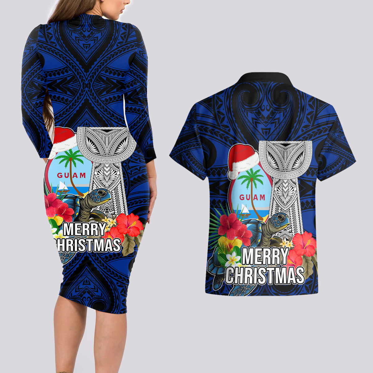 Guam Christmas Couples Matching Long Sleeve Bodycon Dress and Hawaiian Shirt Santa Gift Latte Stone and Sea Turle Mix Hibiscus Chamorro Blue Style LT03