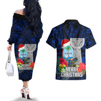 Guam Christmas Couples Matching Off The Shoulder Long Sleeve Dress and Hawaiian Shirt Santa Gift Latte Stone and Sea Turle Mix Hibiscus Chamorro Blue Style LT03