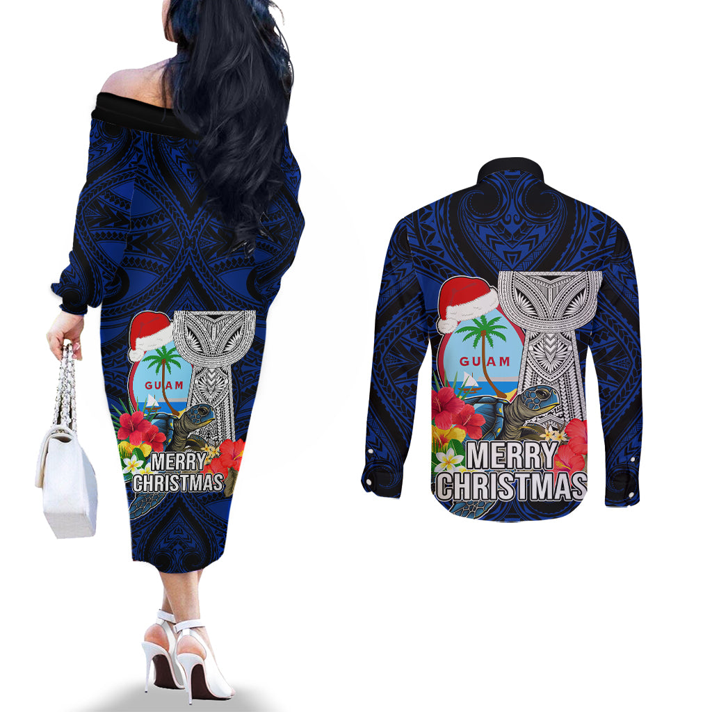 Guam Christmas Couples Matching Off The Shoulder Long Sleeve Dress and Long Sleeve Button Shirt Santa Gift Latte Stone and Sea Turle Mix Hibiscus Chamorro Blue Style LT03